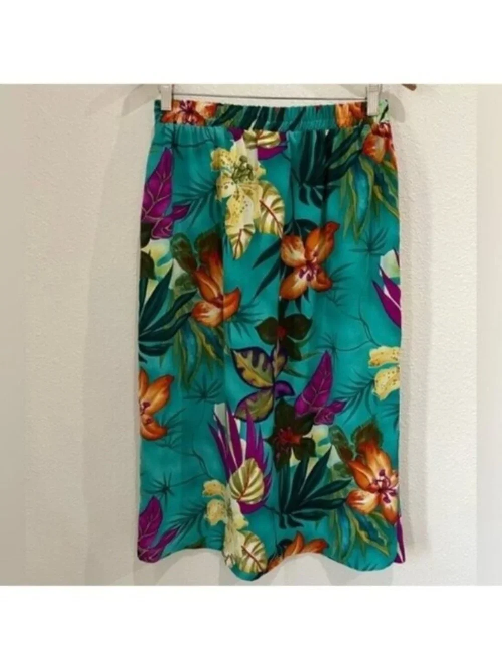 Vintage Mod Colorful Tropical Midi Skirt Retro Stretch Kitschy Button Front